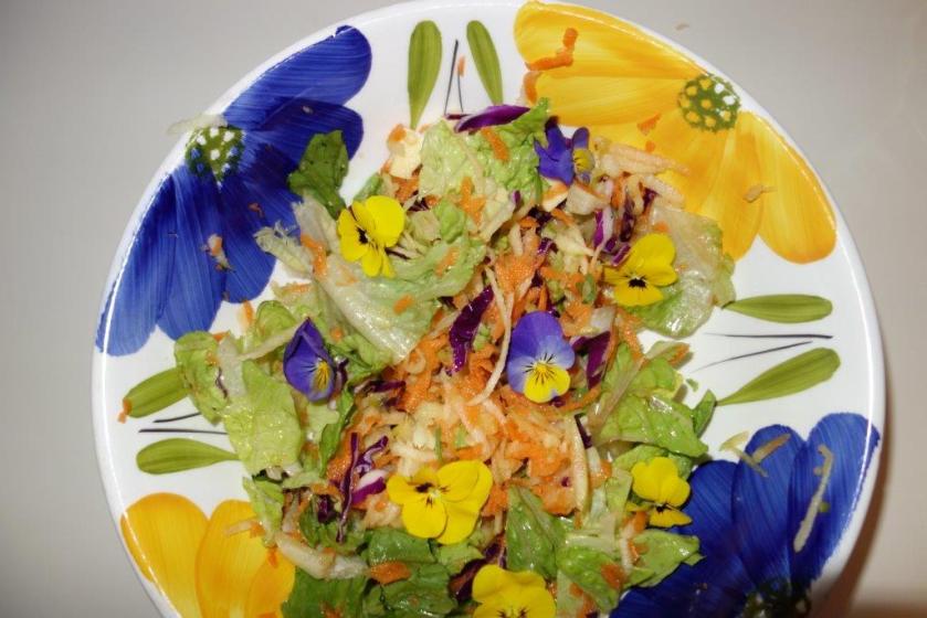 Lettuce, apple, carrot, and pansy salad, with a peach vinegar and avocado oil dressing 